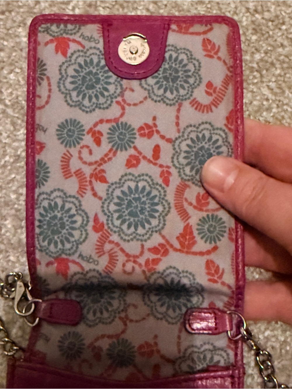HOBO International Fuchsia Pink Glazed Leather Mini Crossbody Bag Wallet Chain - Picture 4 of 14